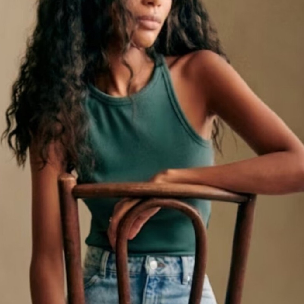 NWT Sezane Marchelo Tank Top Green Ribbed Sleeveless Organic Cotton Top XXXL